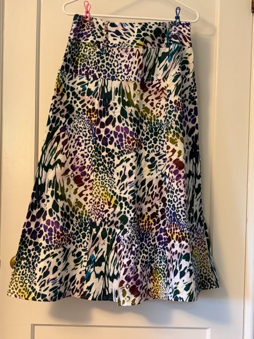 Richard Malcolm 100% linen multicolor animal print patchwork midi skirt size 8